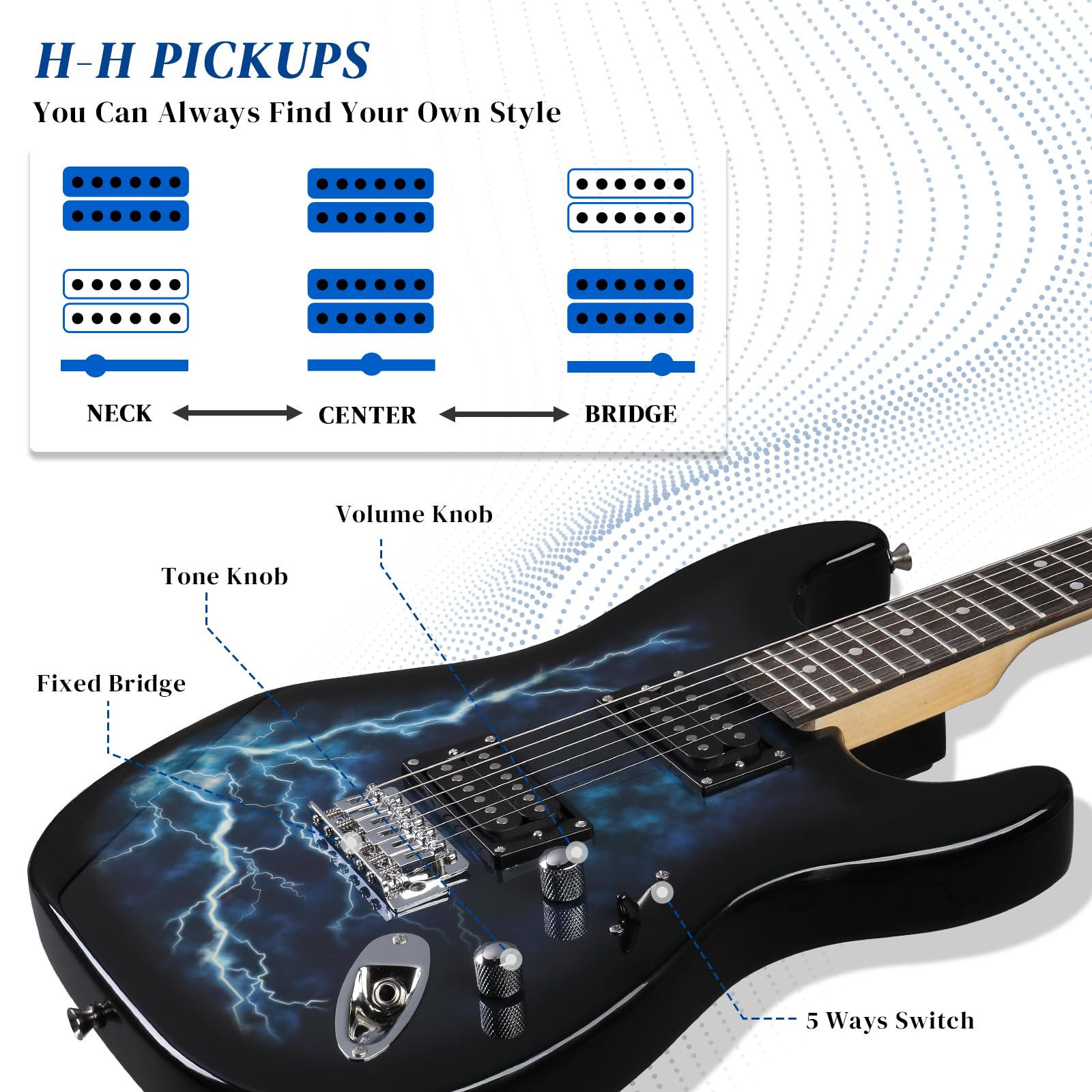 Ktaxon 39 Inch Electric Guitar, Full Size Solid Body H-H Pickups 6 Strings Beginner Guitar Kit With Gig Bag, Strap, Tremolo Arm, Cable & Picks (Black Back) - Image 5